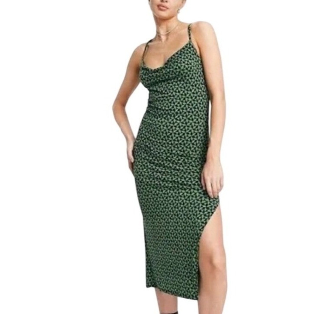 Abercrombie & Fitch Geometric Cowl Neck Open Back Midi Dress Womens L Green Blue